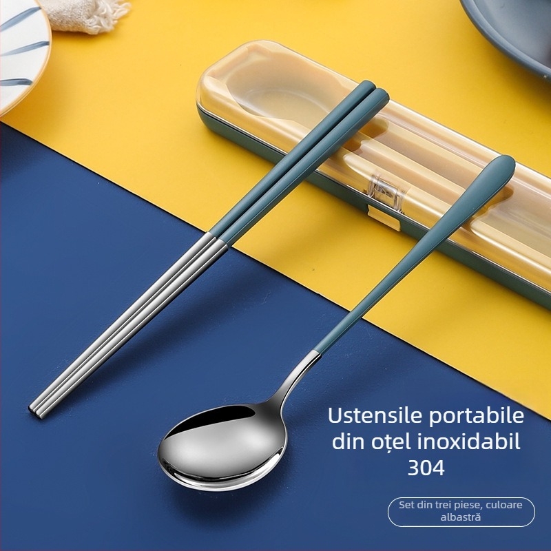 Nou set de tacâmuri portabil din oțel inoxidabil cu capac pliant – furculiță, lingură și bețișoare în husă de călătorie, imprimare logo disponibil