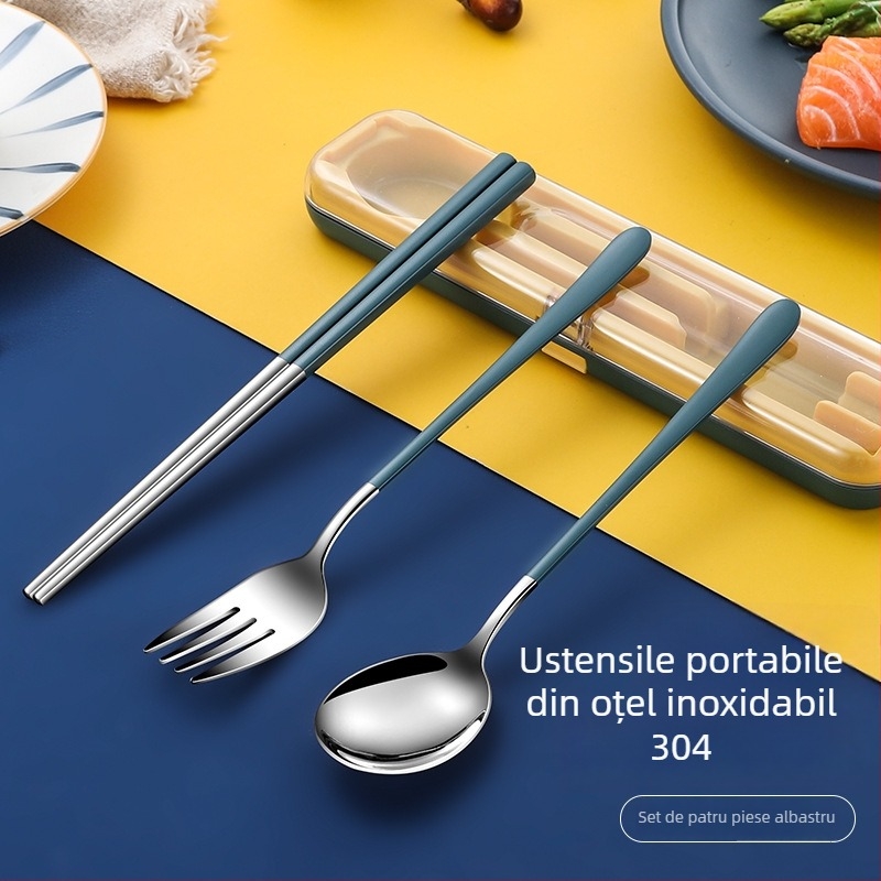 Nou set de tacâmuri portabil din oțel inoxidabil cu capac pliant – furculiță, lingură și bețișoare în husă de călătorie, imprimare logo disponibil