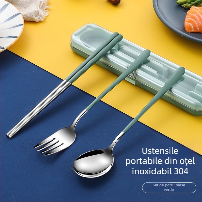 Nou set de tacâmuri portabil din oțel inoxidabil cu capac pliant – furculiță, lingură și bețișoare în husă de călătorie, imprimare logo disponibil