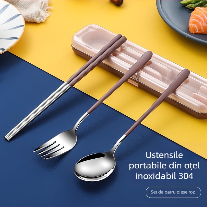 Nou set de tacâmuri portabil din oțel inoxidabil cu capac pliant – furculiță, lingură și bețișoare în husă de călătorie, imprimare logo disponibil