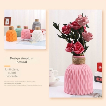 Vază creativă în formă de ananas cu efect de valuri ale apei, flori artificiale, vază ceramică imitatie pentru birou, vază din plastic