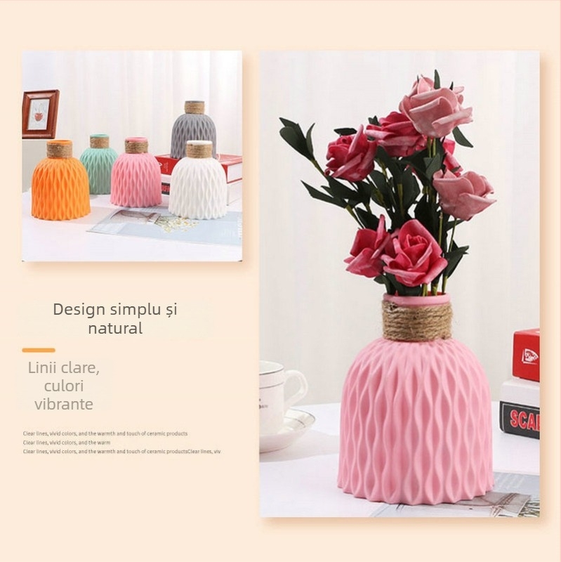 Vază creativă în formă de ananas cu efect de valuri ale apei, flori artificiale, vază ceramică imitatie pentru birou, vază din plastic