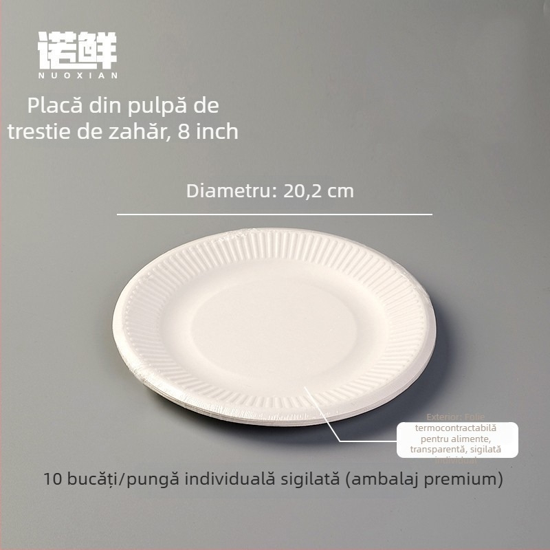 Farfurii rotunde din hârtie, de unică folosință, ambalate individual, ecologice și biodegradabile, pentru picnicuri și fructe