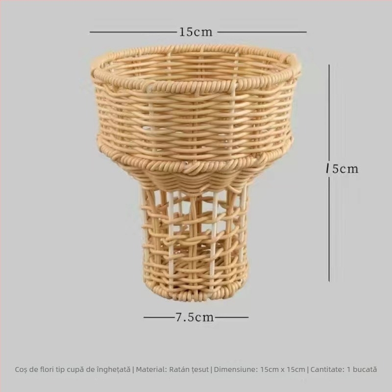 Coș de flori împletit manual din ratan, salcie și bambus, cu aspect imitatie de ratan, ideal pentru aranjamente florale și cadouri.