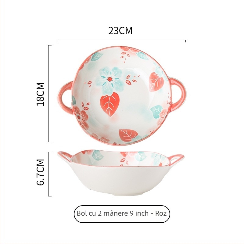 Bol ceramic cu patru anotimpuri, cu două mânere, porțelan, picior înalt, 500 ml