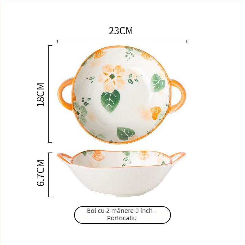 Bol ceramic cu patru anotimpuri, cu două mânere, porțelan, picior înalt, 500 ml