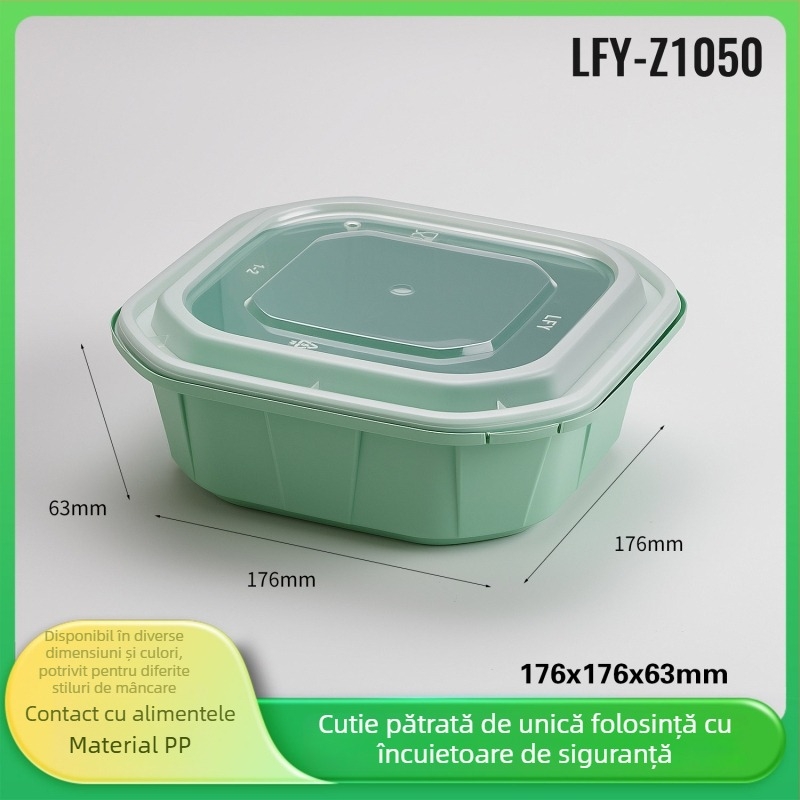 Cutie de prânz de unică folosință, îngroșată, etanșă, recipient alimentar pătrat cu capac care se închide, verde