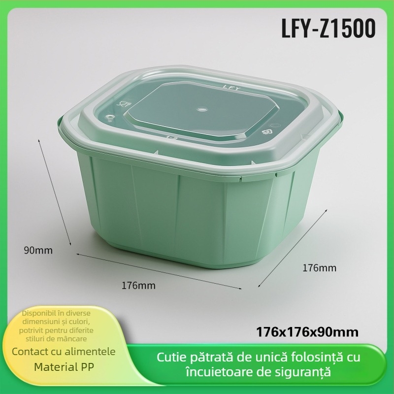 Cutie de prânz de unică folosință, îngroșată, etanșă, recipient alimentar pătrat cu capac care se închide, verde