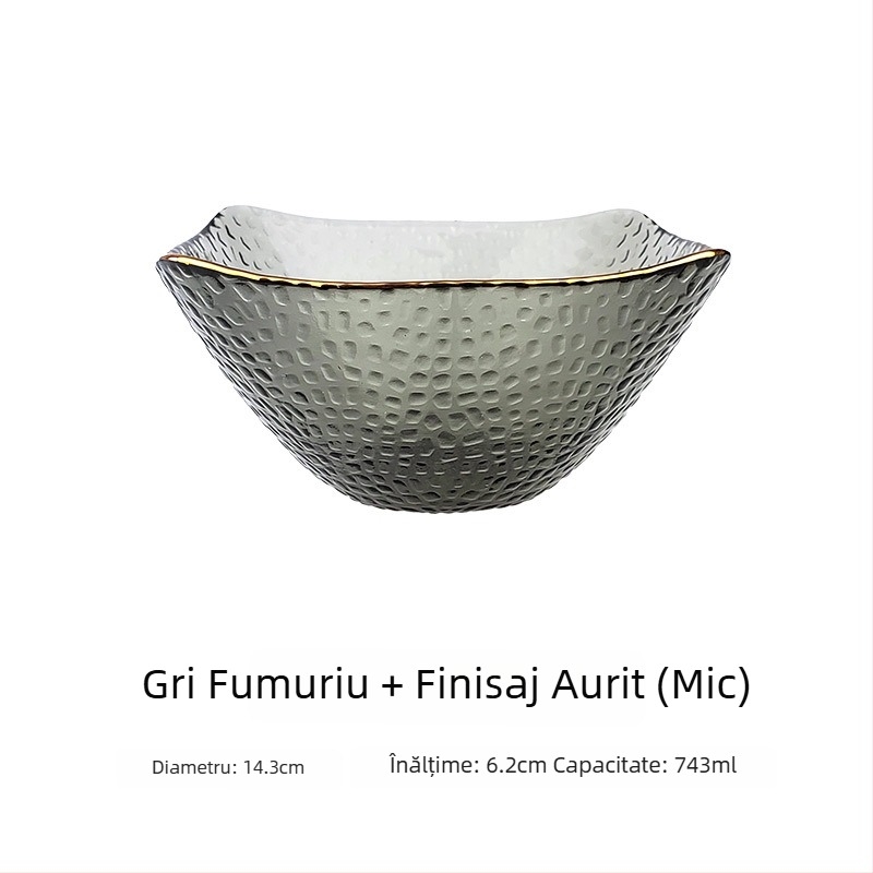 Vas de salată din sticlă, margine auriu, formă pătrată de tip pălărie, stil japonez, pentru legume și fructe
