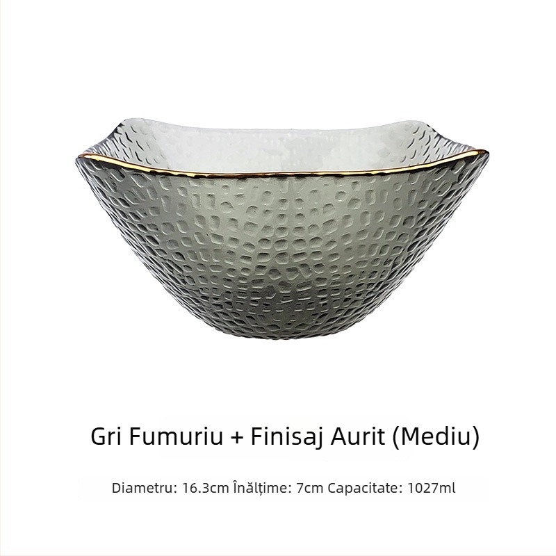 Vas de salată din sticlă, margine auriu, formă pătrată de tip pălărie, stil japonez, pentru legume și fructe