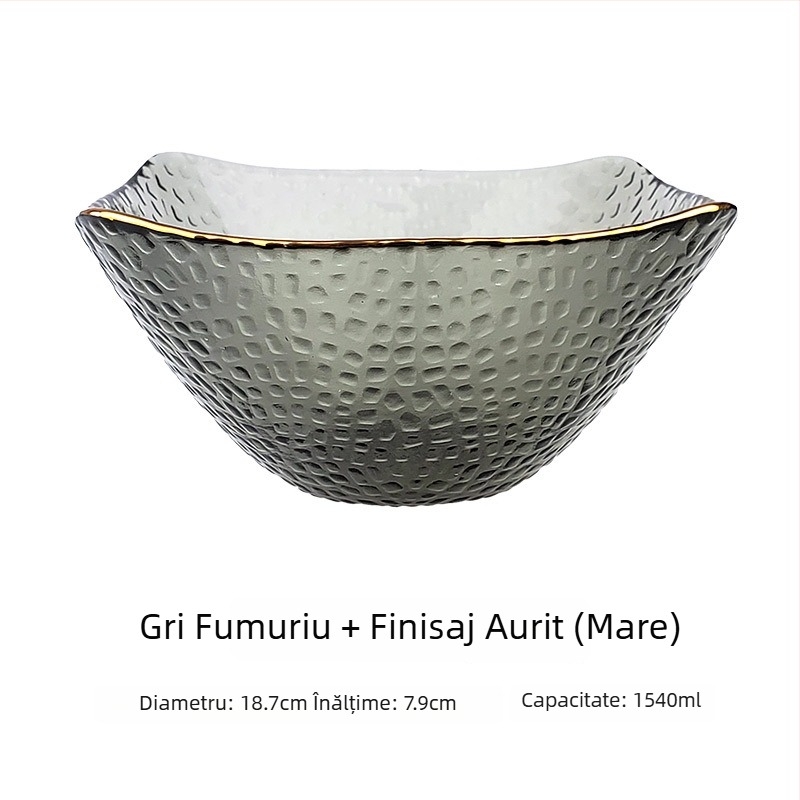 Vas de salată din sticlă, margine auriu, formă pătrată de tip pălărie, stil japonez, pentru legume și fructe