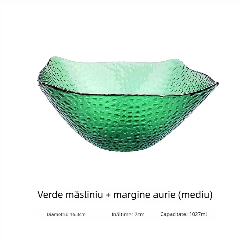 Vas de salată din sticlă, margine auriu, formă pătrată de tip pălărie, stil japonez, pentru legume și fructe