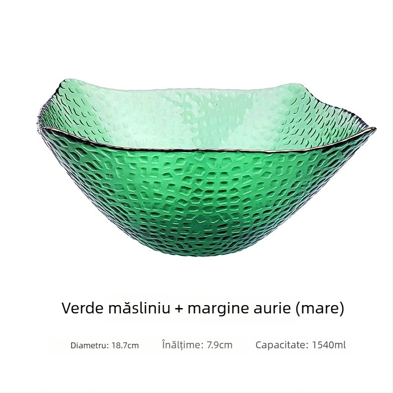 Vas de salată din sticlă, margine auriu, formă pătrată de tip pălărie, stil japonez, pentru legume și fructe