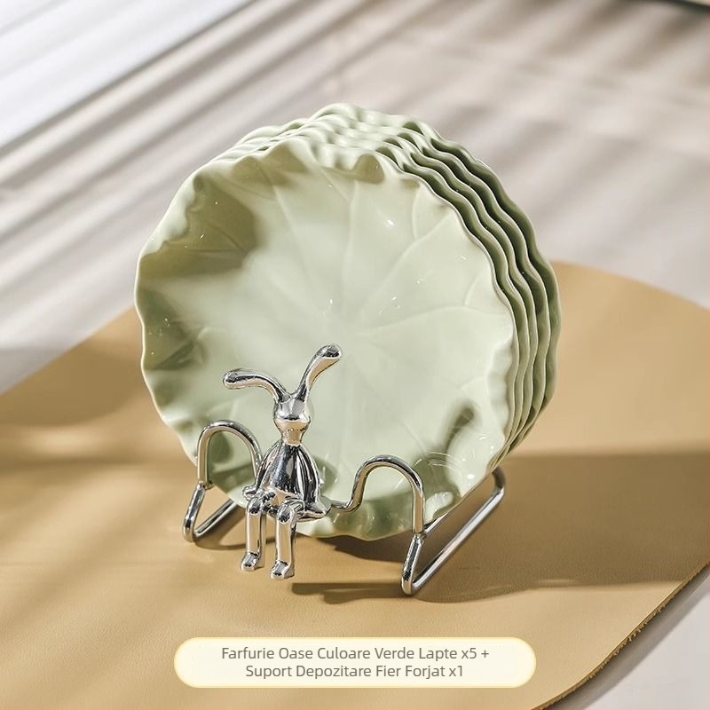 Set de farfurii ceramice cu motiv frunză de lotus – farfurii pentru gustări, desert și fructe uscate, cu suport de depozitare