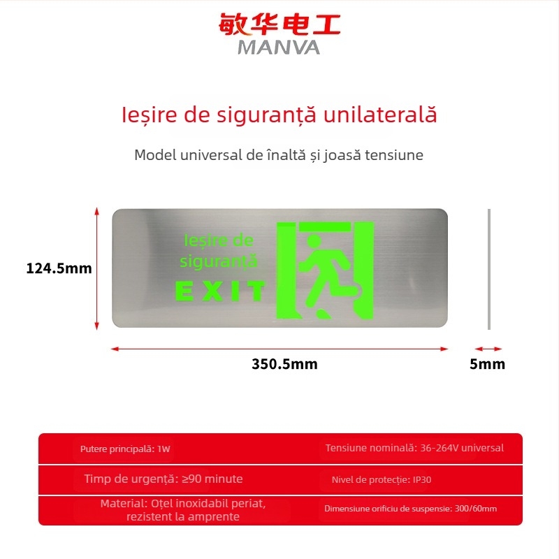 Indicator de ieșire de urgență din oțel inoxidabil periat, ultra-subțire, iluminare LED