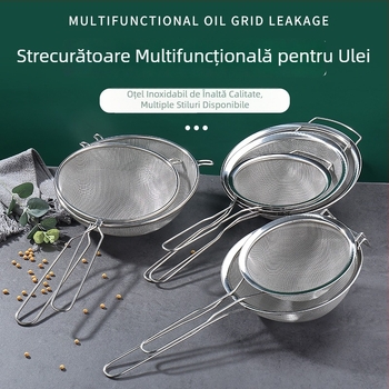 Colander din oțel inoxidabil 201, plasă densă, mâner dublu, separator de ulei și sită de făină, margine lată