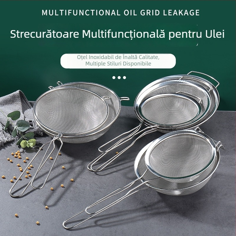 Colander din oțel inoxidabil 201, plasă densă, mâner dublu, separator de ulei și sită de făină, margine lată