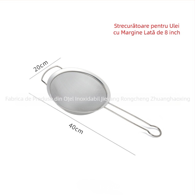 Colander din oțel inoxidabil 201, plasă densă, mâner dublu, separator de ulei și sită de făină, margine lată