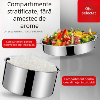 Recipient dublu din oțel inoxidabil izolat cu mâner, cutie prânz cu trei niveluri pentru adulți, capacitate mare