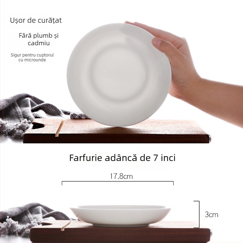 Farfurie albă din porțelan cu oase, profundă, rotundă, veselă de masă pentru casă și hotel, design modern minimalist