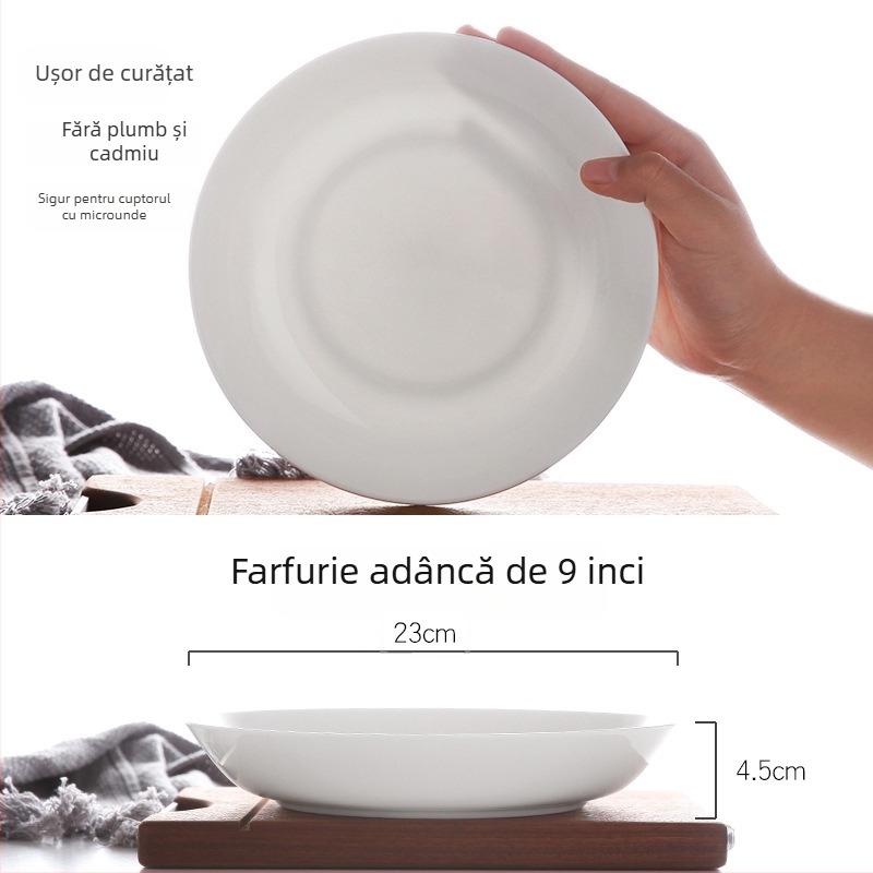 Farfurie albă din porțelan cu oase, profundă, rotundă, veselă de masă pentru casă și hotel, design modern minimalist