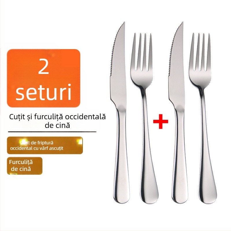 Set de tacâmuri din oțel inoxidabil, stil occidental: cuțit pentru friptură, furculiță și lingură pentru casă sau restaurant