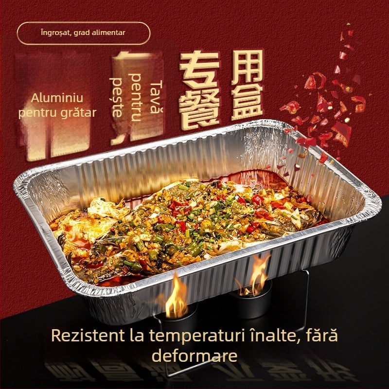 Cutie pentru livrare de pește la grătar, de unică folosință, încălzibilă, cutie dreptunghiulară, din folie de aluminiu