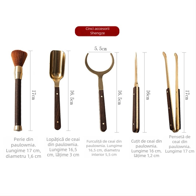 Set de ceremonie a ceaiului cu Șase Domni – accesorii Kung Fu pentru ceai, clemă din alamă pentru ceai și linguriță, Arta ceaiului, Calitate premium