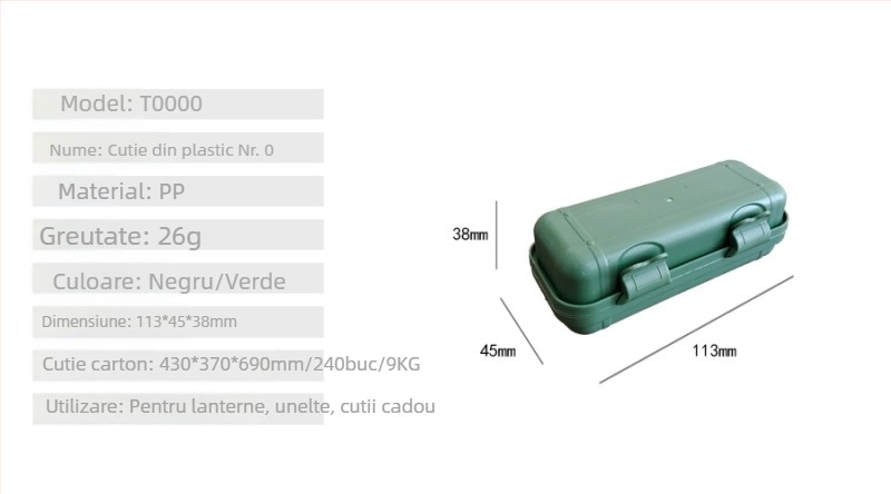 Cutie din plastic PP verde-negru cu capac, cutie de unelte și depozitare pentru lanternă, cutie cadou