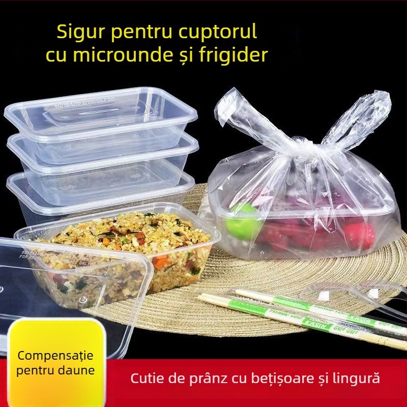 Cutie de prânz de unică folosință cu capac și set de bețișoare — cutie din plastic îmbunătățită pentru mâncare la pachet, orez și rulouri de orez