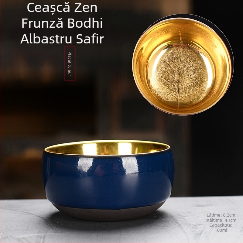 Ceașcă de ceai din porțelan placată cu aur de 24K, design cu frunză de lemn, realizată manual, pentru degustare de ceai