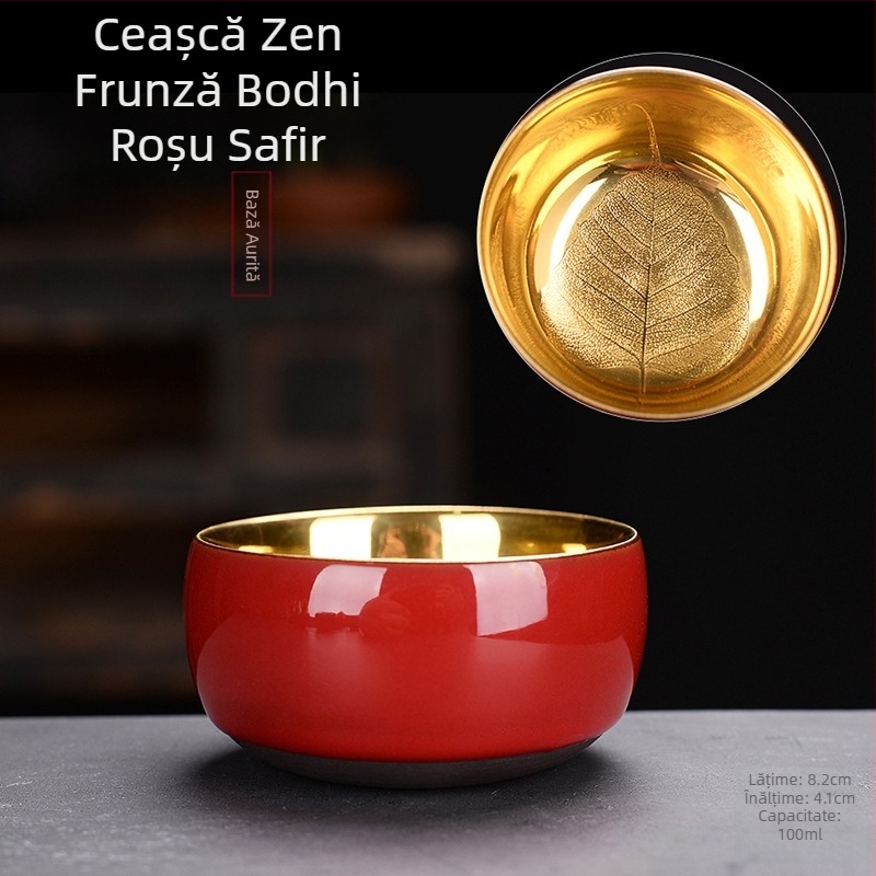 Ceașcă de ceai din porțelan placată cu aur de 24K, design cu frunză de lemn, realizată manual, pentru degustare de ceai