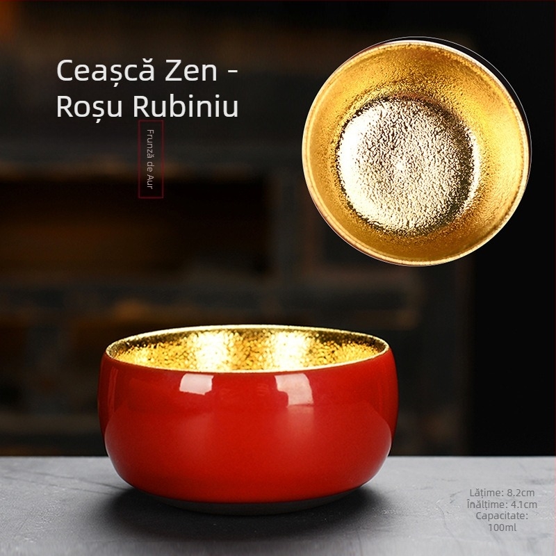 Ceașcă de ceai din porțelan placată cu aur de 24K, design cu frunză de lemn, realizată manual, pentru degustare de ceai
