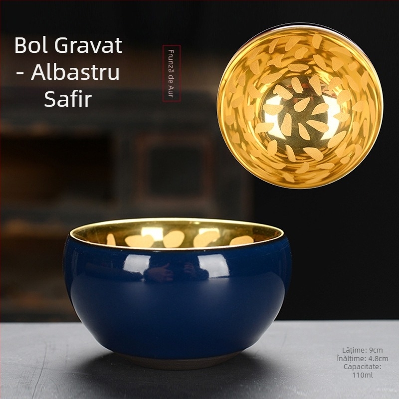 Ceașcă de ceai din porțelan placată cu aur de 24K, design cu frunză de lemn, realizată manual, pentru degustare de ceai