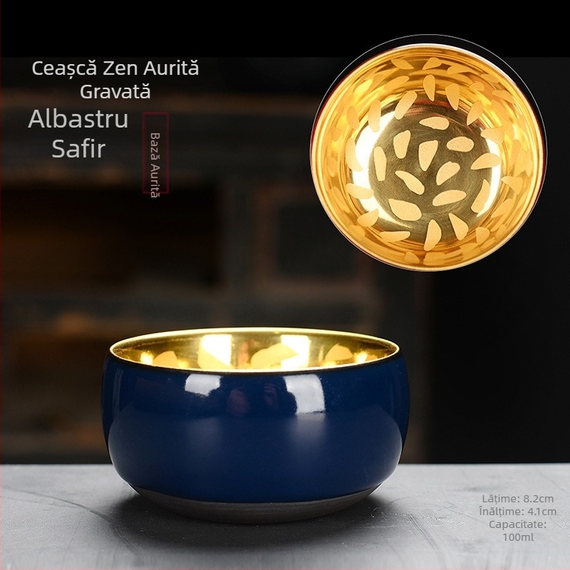 Ceașcă de ceai din porțelan placată cu aur de 24K, design cu frunză de lemn, realizată manual, pentru degustare de ceai