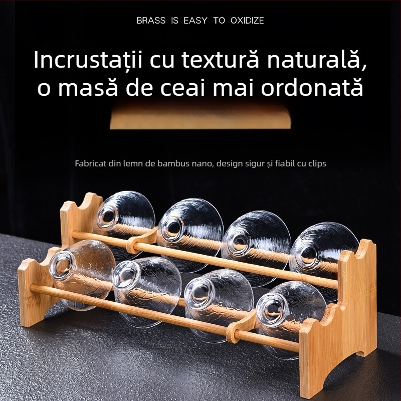 Raft din lemn masiv pentru pahare de ceai, cu farfurie de scurgere pentru ceremonia ceaiului, accesorii set ceai