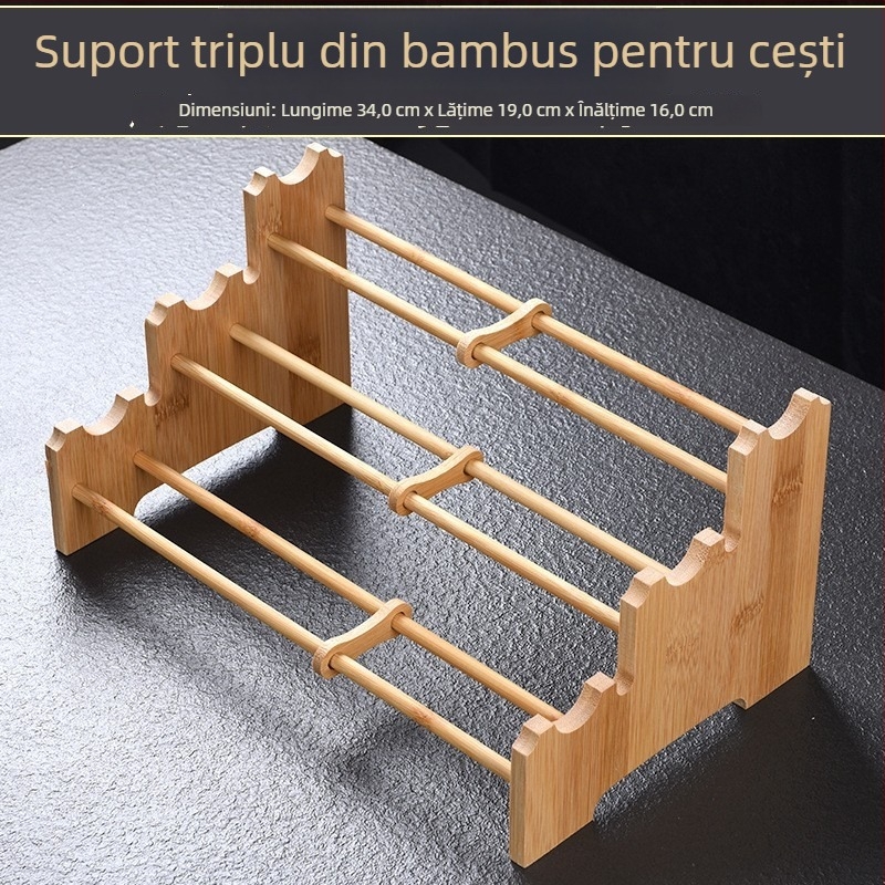 Raft din lemn masiv pentru pahare de ceai, cu farfurie de scurgere pentru ceremonia ceaiului, accesorii set ceai