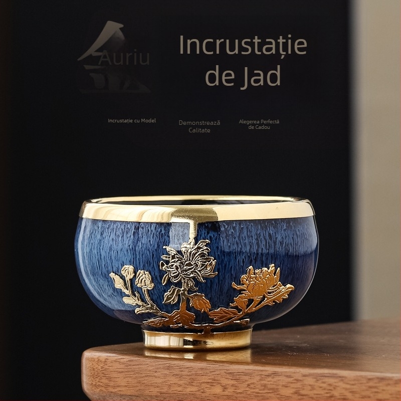 Ceșcă de ceai din jad cu încrustații aurii, ceramică Gongfu, mare