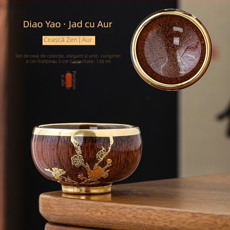 Ceșcă de ceai din jad cu încrustații aurii, ceramică Gongfu, mare