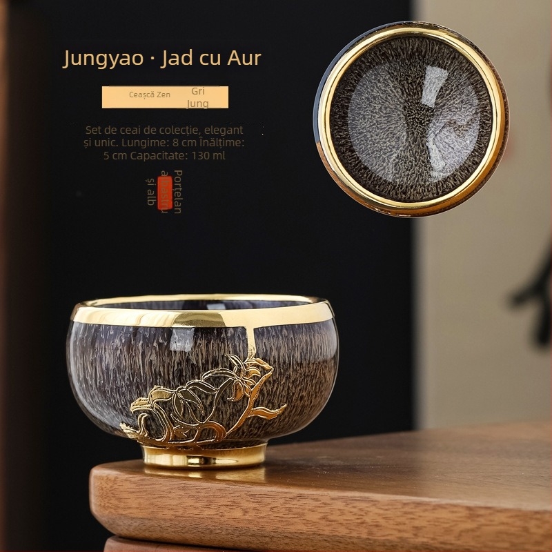 Ceșcă de ceai din jad cu încrustații aurii, ceramică Gongfu, mare