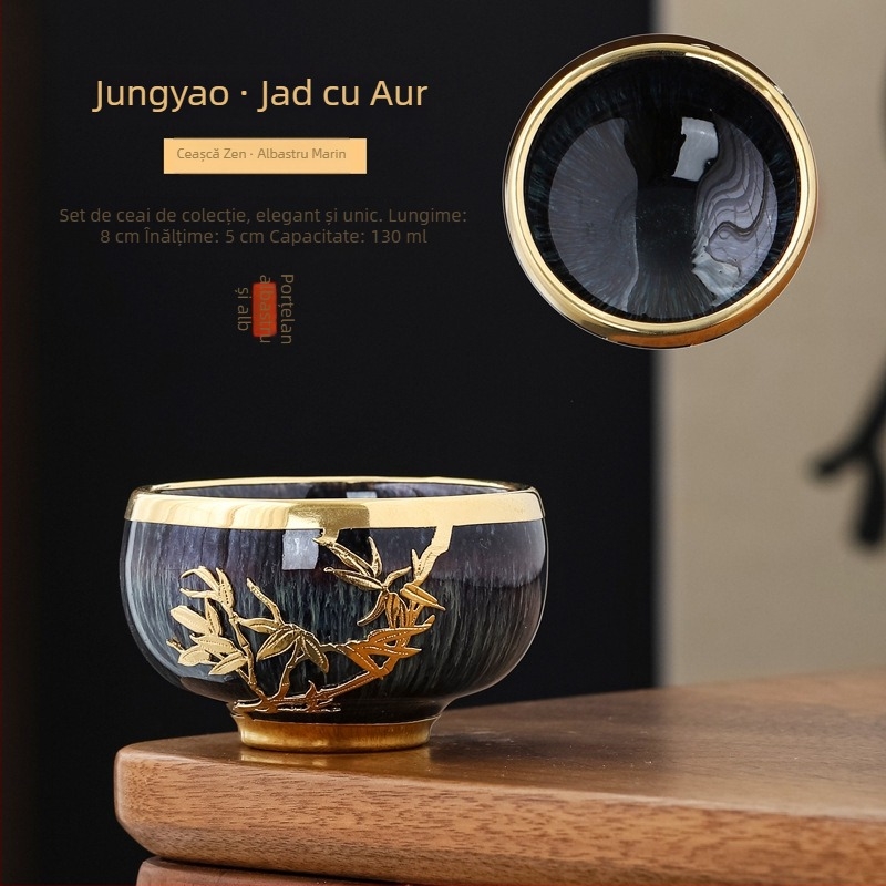 Ceșcă de ceai din jad cu încrustații aurii, ceramică Gongfu, mare