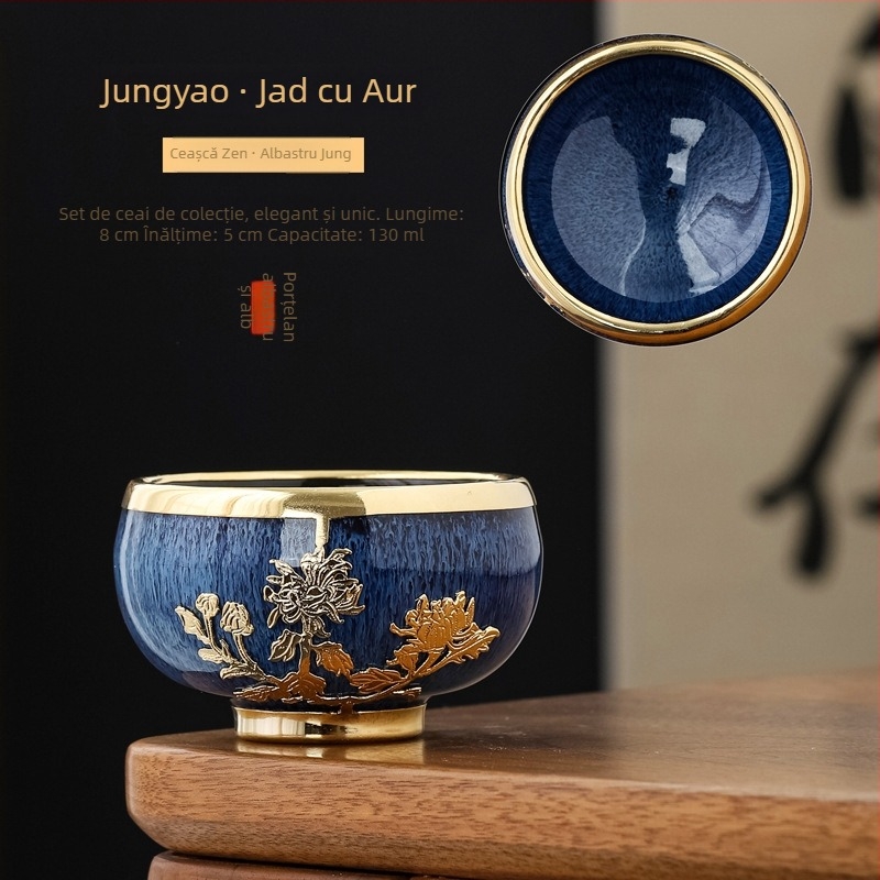 Ceșcă de ceai din jad cu încrustații aurii, ceramică Gongfu, mare
