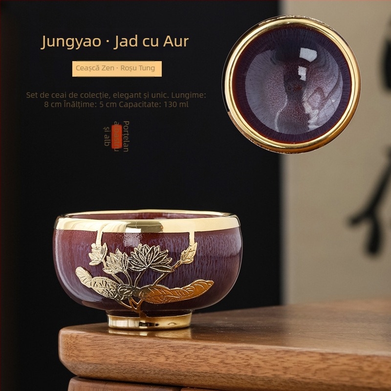 Ceșcă de ceai din jad cu încrustații aurii, ceramică Gongfu, mare