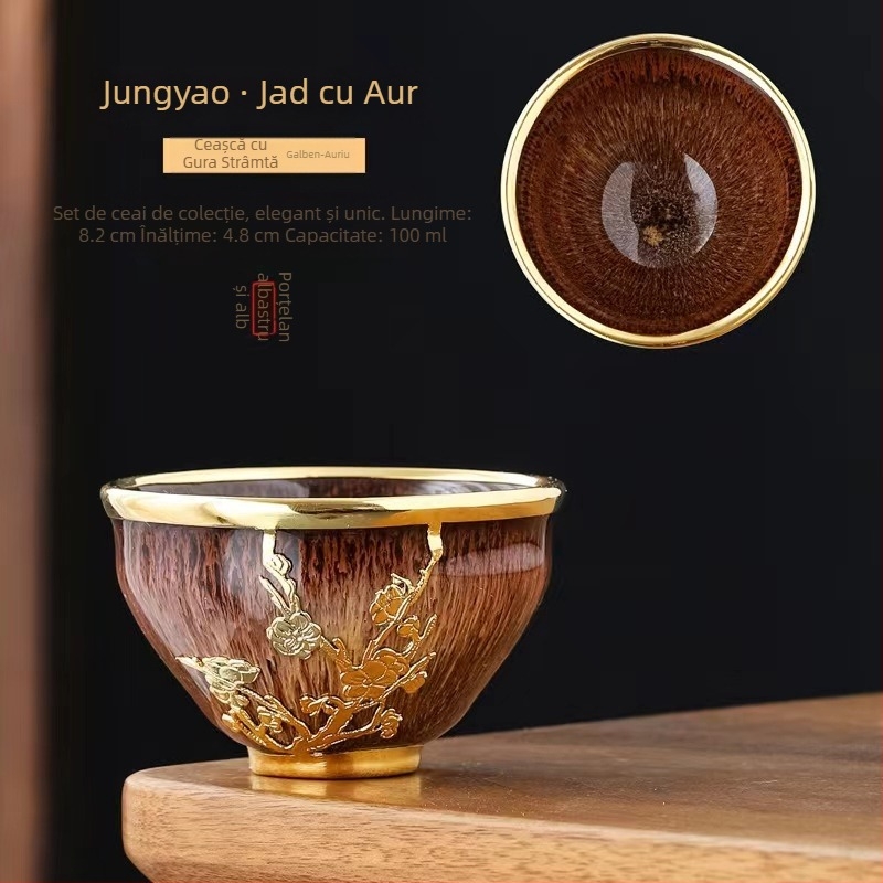 Ceșcă de ceai din jad cu încrustații aurii, ceramică Gongfu, mare
