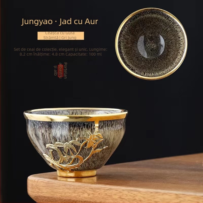 Ceșcă de ceai din jad cu încrustații aurii, ceramică Gongfu, mare