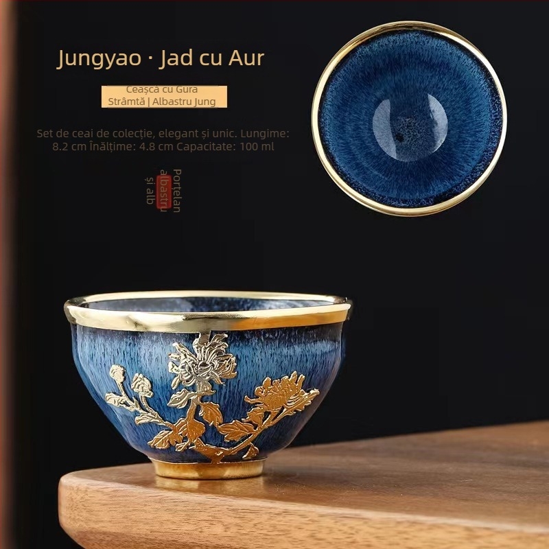 Ceșcă de ceai din jad cu încrustații aurii, ceramică Gongfu, mare