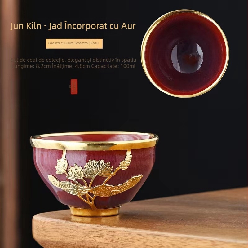 Ceșcă de ceai din jad cu încrustații aurii, ceramică Gongfu, mare