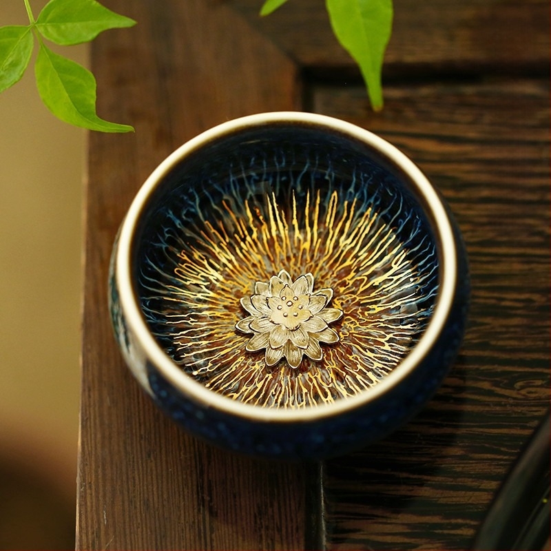 ceașcă de ceai cu glazură Tianmu cu fir de aur, ceașcă Rabbit Hair cu inserție de argint, ceașcă maestru, ceramică arsă în cuptor, ceașcă argintie cu cele 12 zodii