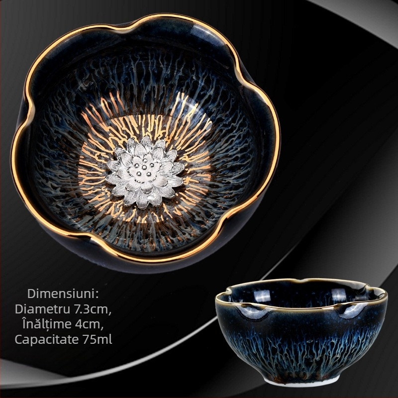 ceașcă de ceai cu glazură Tianmu cu fir de aur, ceașcă Rabbit Hair cu inserție de argint, ceașcă maestru, ceramică arsă în cuptor, ceașcă argintie cu cele 12 zodii