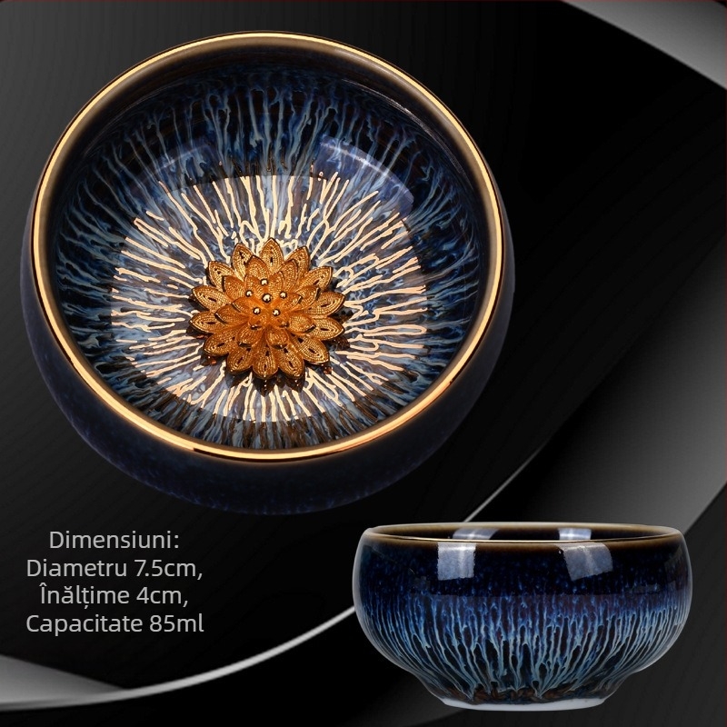 ceașcă de ceai cu glazură Tianmu cu fir de aur, ceașcă Rabbit Hair cu inserție de argint, ceașcă maestru, ceramică arsă în cuptor, ceașcă argintie cu cele 12 zodii